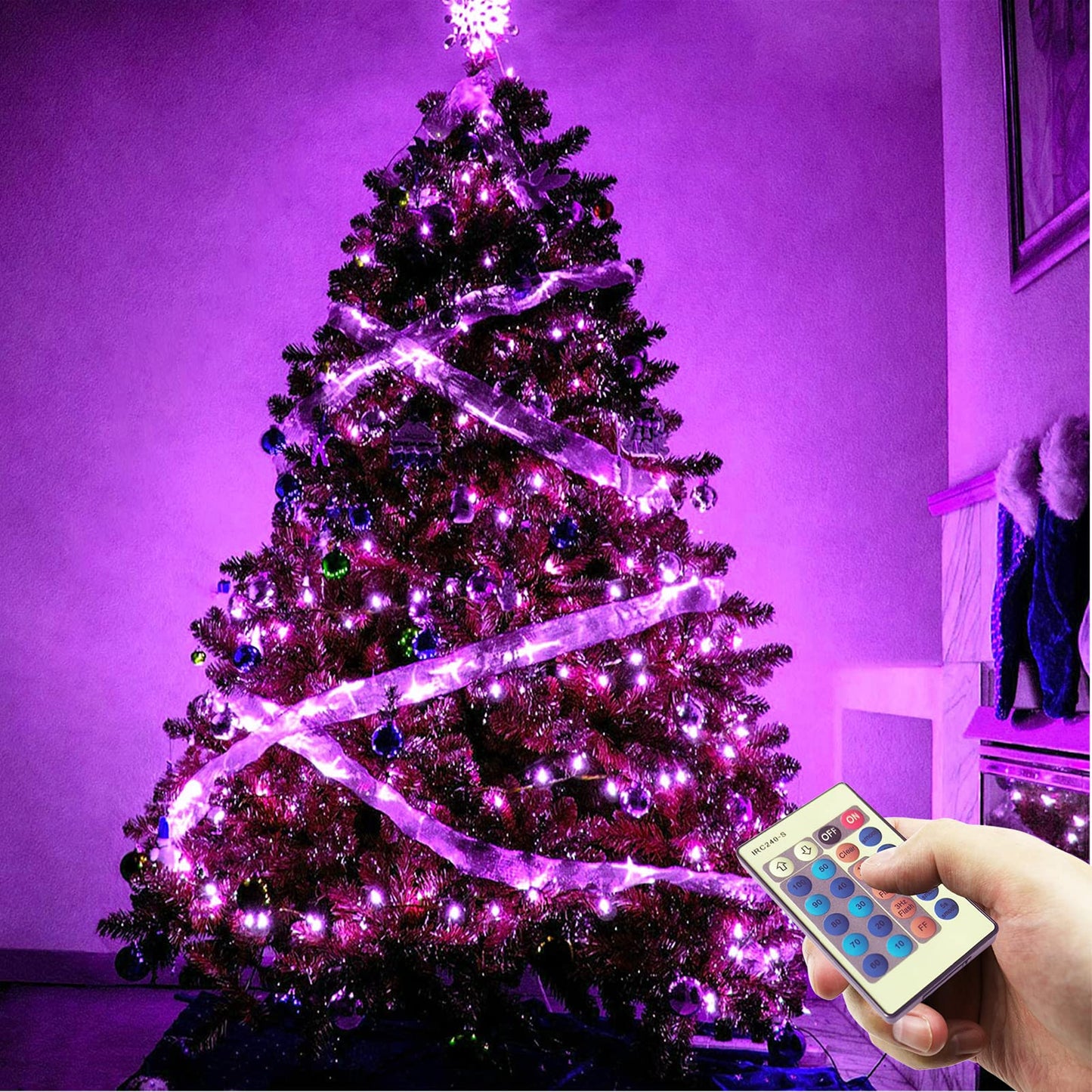 RUICHEN Dimmable Purple Fairy Lights Plug in, Waterproof Silver Wire 99 Ft 300 LED Starry String Lights with Remote for Christmas Halloween Party Bedroom Patio Garden