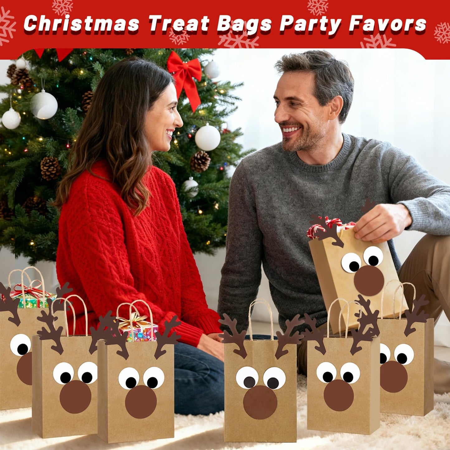 FOGWOWO 36 Pcs Reindeer Gift Bags DIY Reindeer Bags,Christmas Goodie Bags Kraft Paper Reindeer Treat Bags Party,Xmas Candy Bags Bulk with Handles Wrapping Supplies