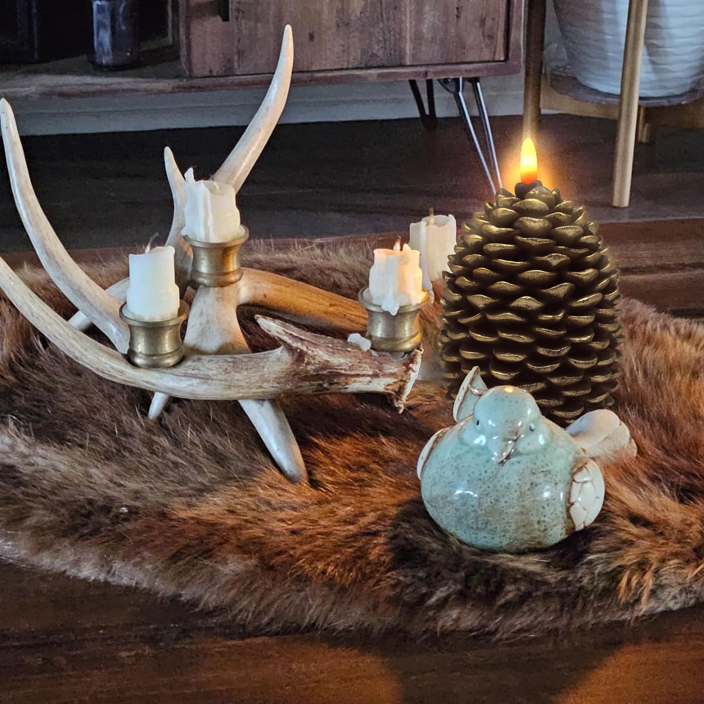 CVHOMEDECO. Pine Cone Candles Battery Operated Pinecones with Remote and Timer, Pine Cones Candle LED Flameless Flickering Candles for Fall, Christmas Decor. Golden-Brown, H 5.5 Inch, Pack of 2