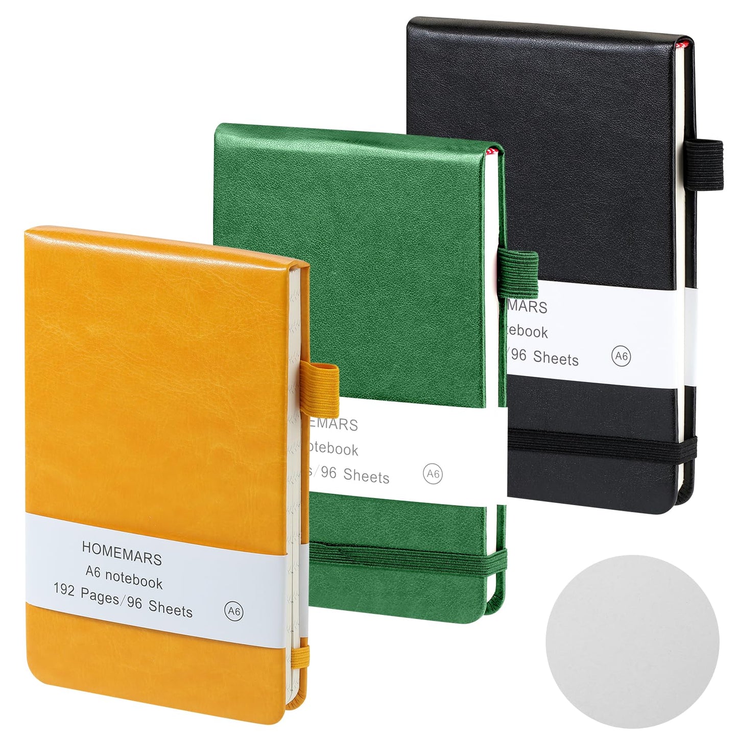 HOMEMARS Small Notebook, Pocket Notebook, Note Pads,3 Pack, Notebook A6, Blank Notepad,3.74" x 5.83"Leather, Black, Green, Yellow,200 Pages Each, Hardcover, Mini Journal Notepad