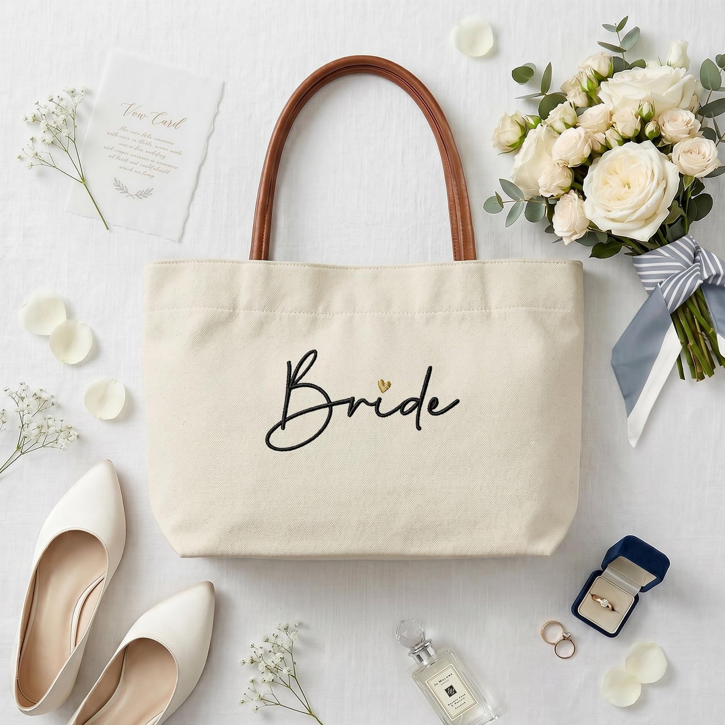 Ugiftcorner Bridal Shower Gifts for Bride Tote Bag, Embroidered Canvas Wedding Essential Bag with Leather Handle & Pocket, Bride to be Gifts, Bachelorette Honeymoon Beach Bag