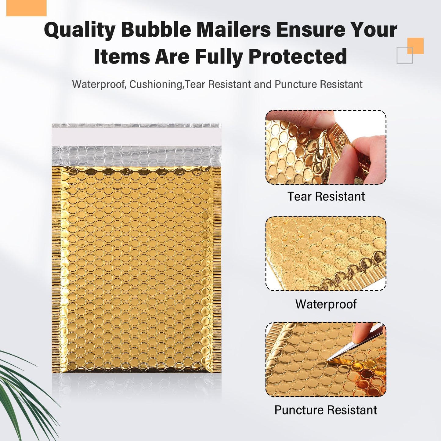 Yeyeplum 100 Pack Valentine's Day Gift Wrapping Bubble Mailers 3 Sizes Metallic Bubble Envelopes Waterproof Self Sealing Bags for Spring Back to School Packing Small Business(Gold,Metallic)