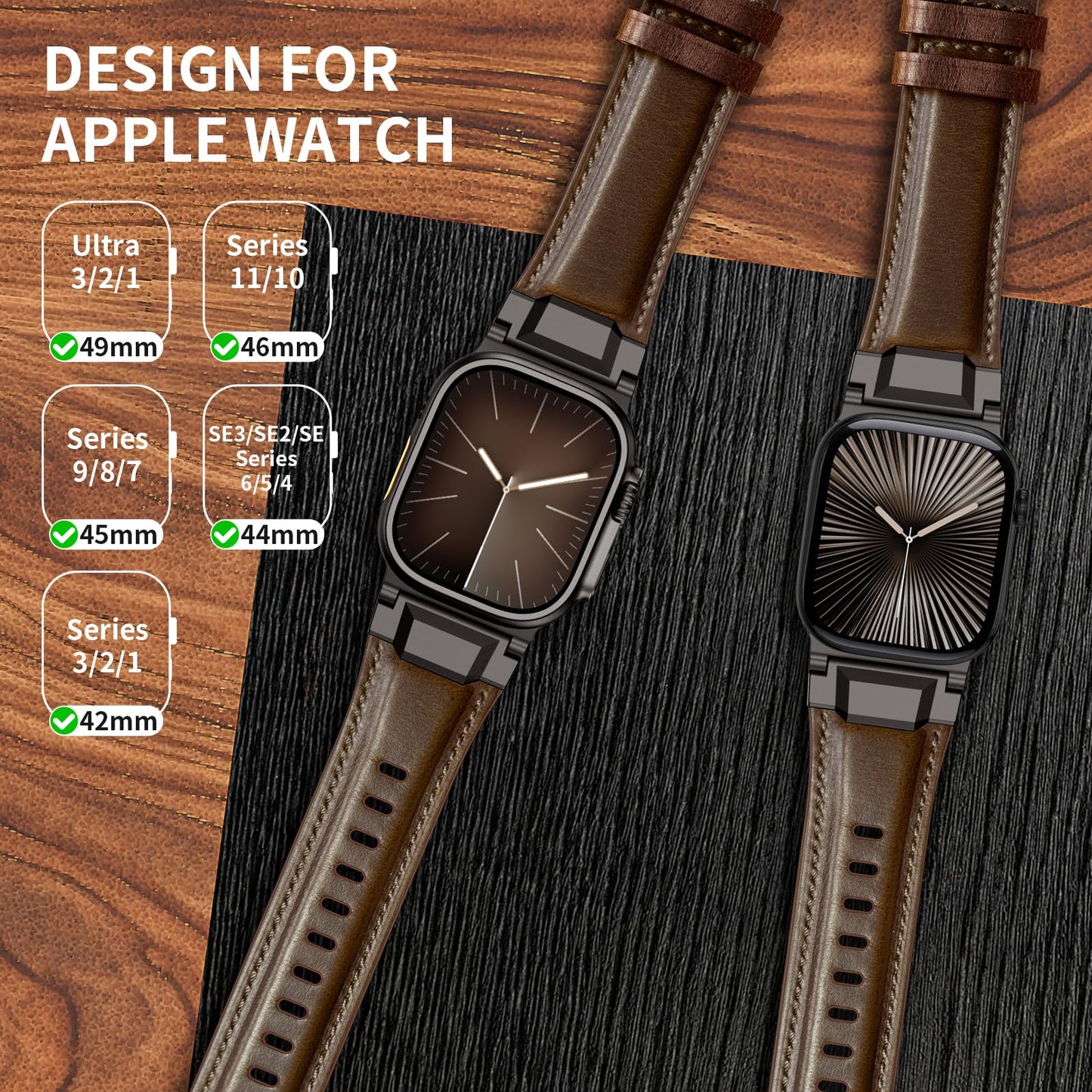 LOIRNBR Leather Bands Compatible with Apple Watch Ultra 3/2/1 Band 49mm 46mm 45mm 44mm 42mm, Genuine Leather Metal Connector Strap for iWatch Ultra Series 11/10/9/8/7/SE/6/5/4/3/2/1, Dark Brown/Black