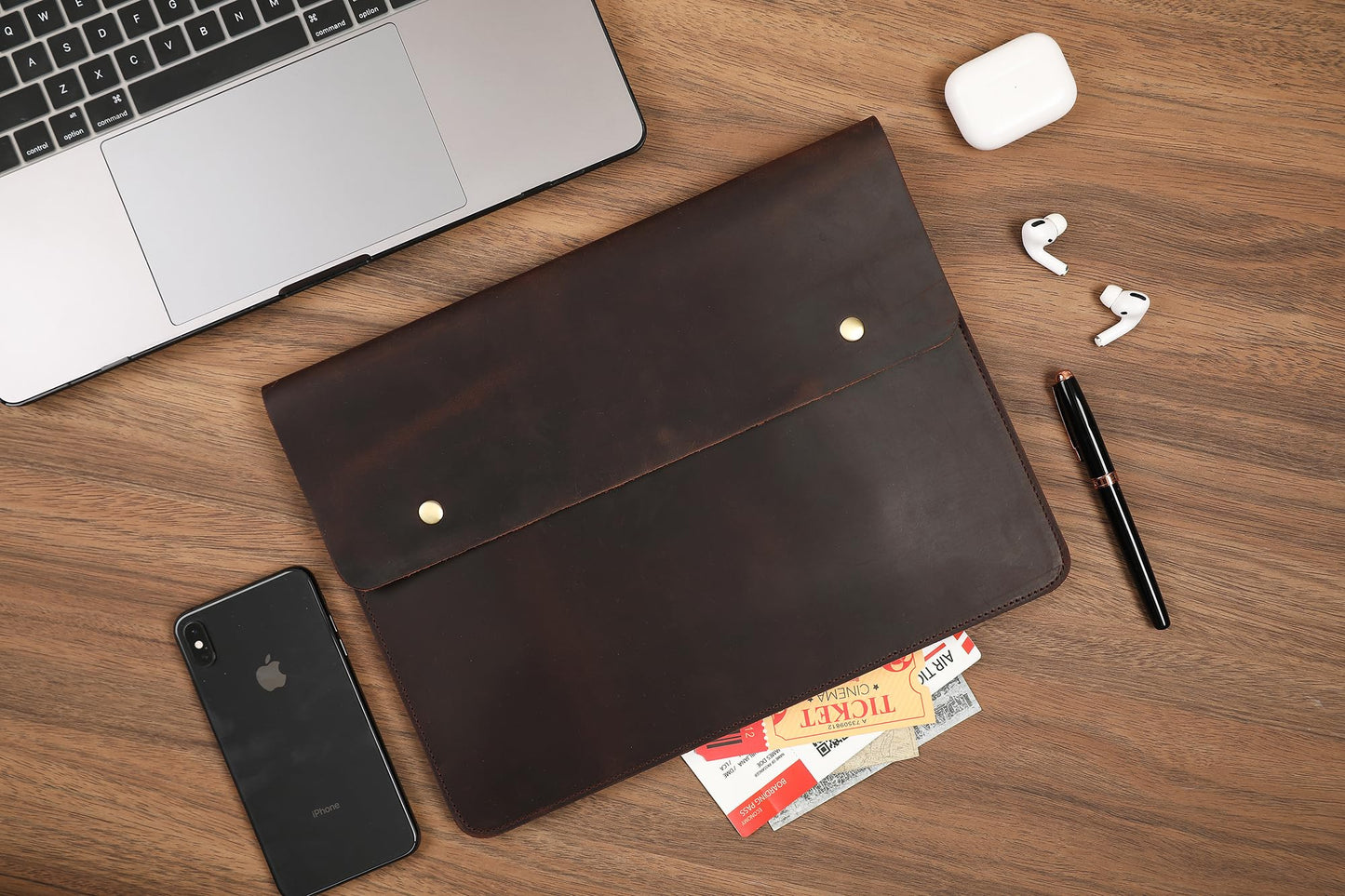 Leather Tablet Sleeve - 12.9/13 Inch iPad Pro Sleeve, Document Holder Folio File Holder, Genuine Leather iPad Case for Protection and Style-Dark Brown