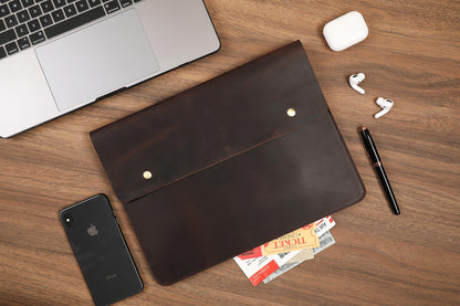 Leather Tablet Sleeve - 12.9/13 Inch iPad Pro Sleeve, Document Holder Folio File Holder, Genuine Leather iPad Case for Protection and Style-Dark Brown