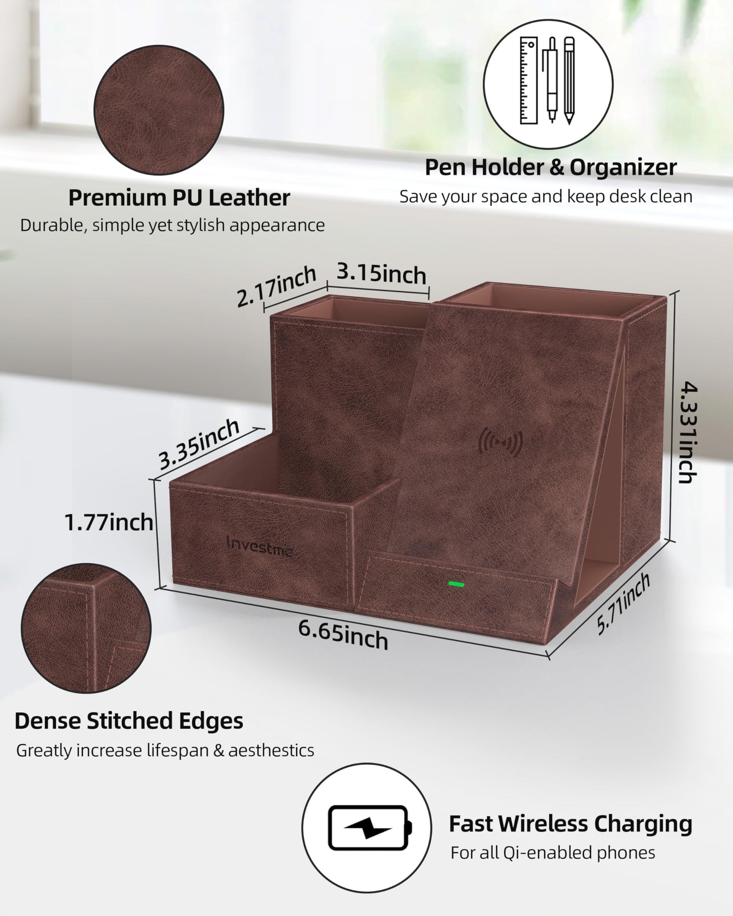 Investme Wireless Charger with Desk Organizer, Pen Pencil Holder, Multifunctional Desktop Organizer, Office Supplies and Desk Accessories Organizer with 3 Compartments and 1 Phone Stand, Dark Brown
