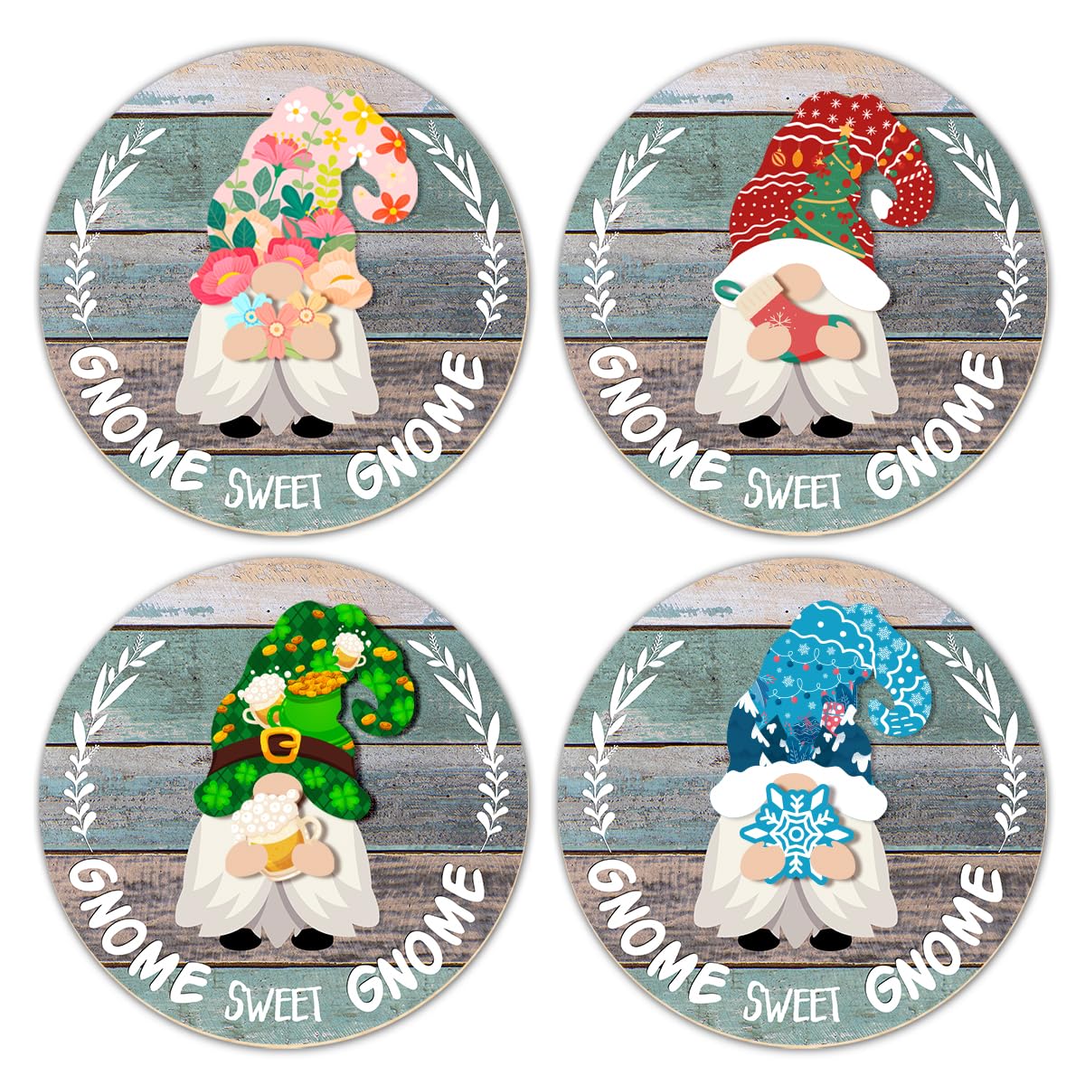 Interchangeable Gnome Welcome Sign Summer Patriotic 4th of July Door Decoration, Changeable Front Porch Decor Wood Wreath Gnomes Gifts for Spring Fall Winter All Seasons Holiday, Antique Blue