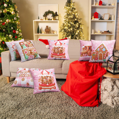 Fanfanwin 6 Pcs Pink Christmas Gingerbread Throw Pillow Covers 18 x 18 Inch Gingerbread House Truck Hot Cocoa Pink Christmas Decorative Pillow Cases for Xmas Sofa Couch Decor(Novel)