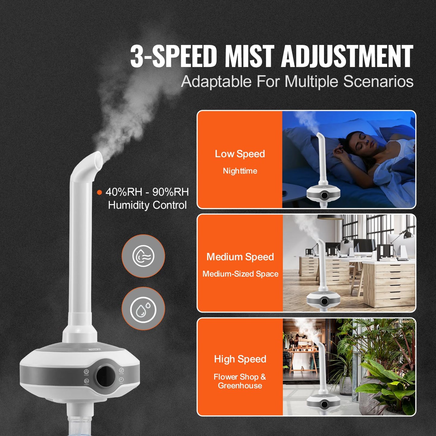 VEVOR Humidifier for Home Large Room, Commercial Humidifier for Whole House 1291.7 sq ft, 16L Water Tank & Night Light & 12h Timer & Auto Shut-Off, Greenhouse, Commercial Branch Tube w/ 360° Nozzle