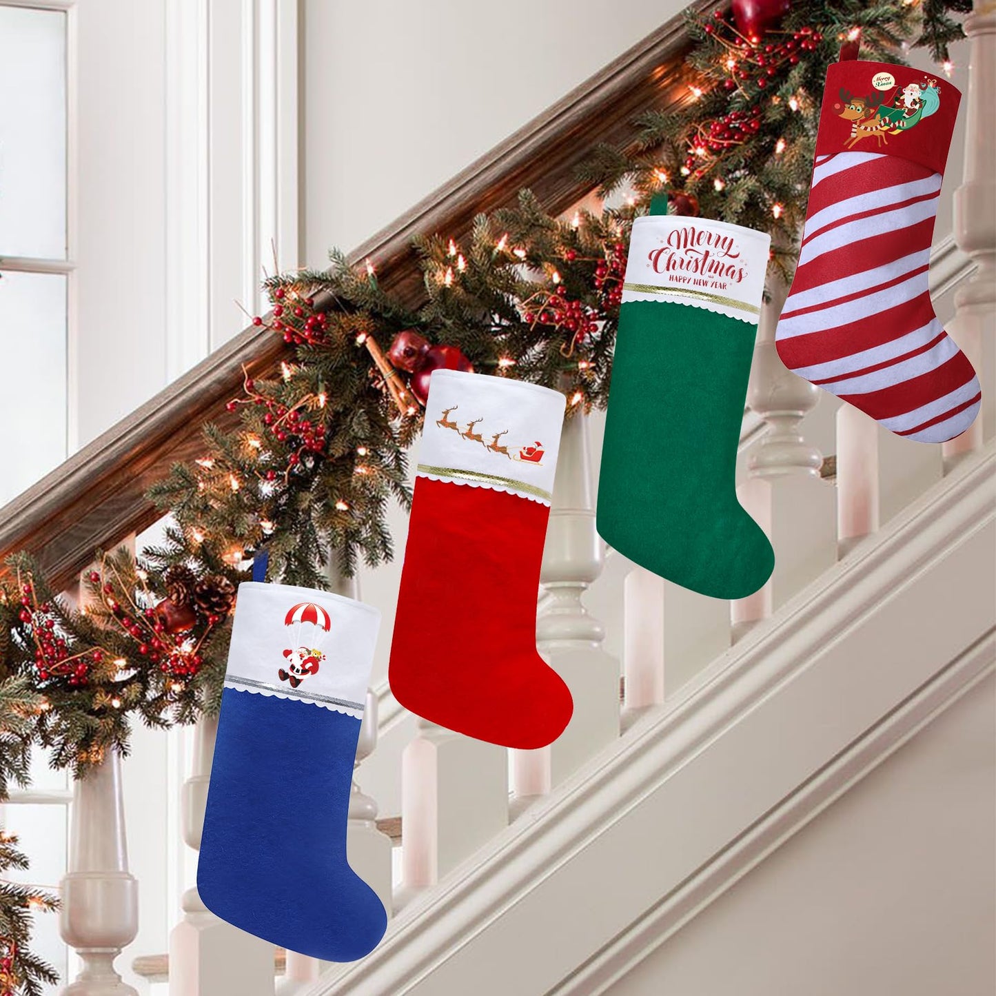 Subyan 12 Pack Felt Christmas Stockings, 19 Inches Red and Green Christmas Stocking Hanging Ornaments with Gold Trim for Family Christmas Holiday Decorations DIY Craft Large Xmas Stocking
