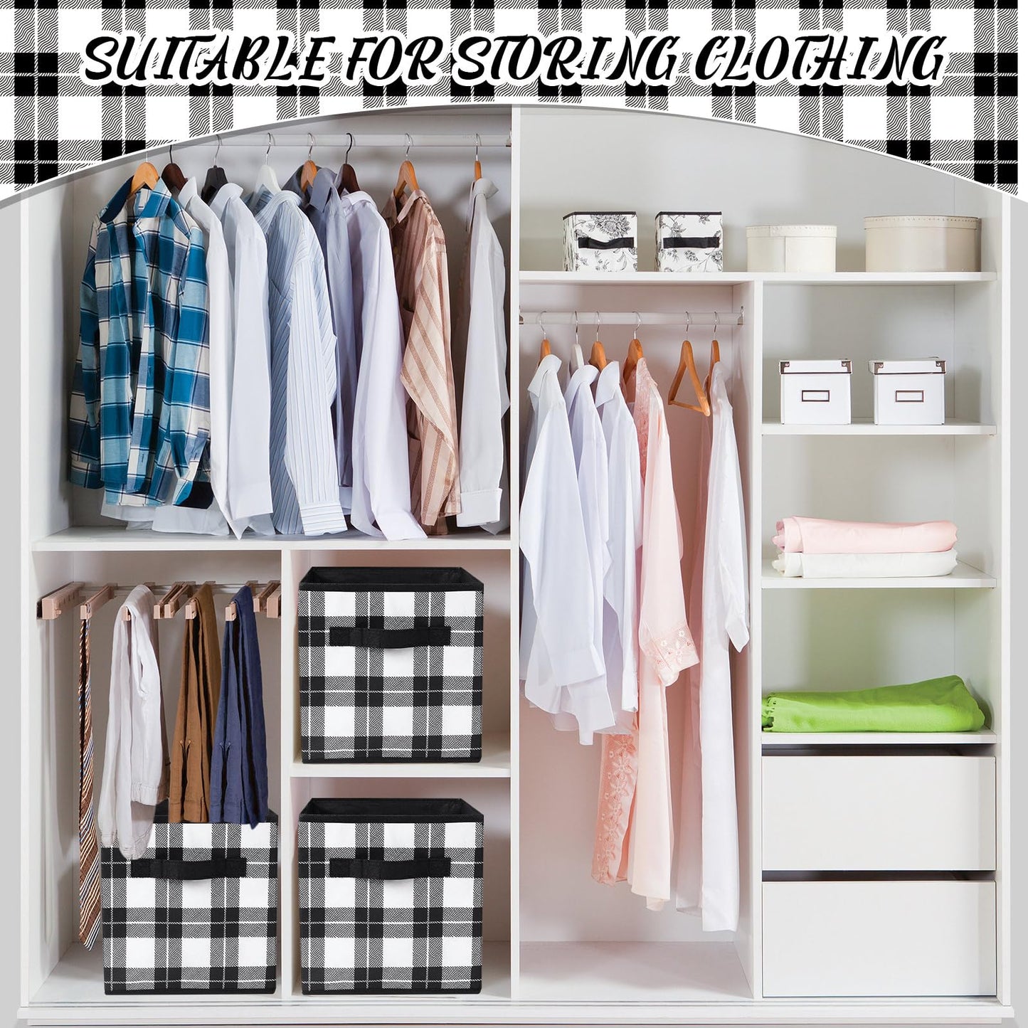 Suzile 6 Pcs Buffalo Plaid Storage Bins Christmas 10'' Buffalo Plaid Foldable Fabric Storage Cube with Handles Christmas Basket Box Organizers for Toys Shelf Closet Home Gift(Black and White)
