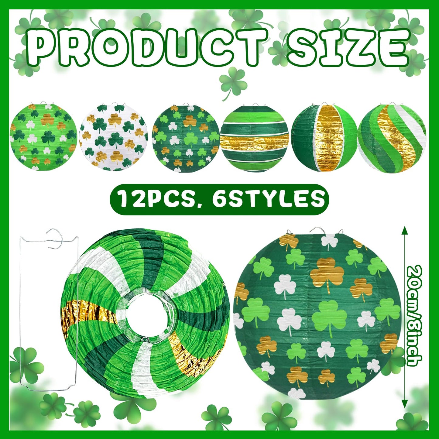 ADLKGG 12 PCS Lucky Green Paper Lanterns, 8" Hanging Clover Decorations for Garden Party, Casino Night, The Lucky One Baby Shower, Irish Wedding & Spring Events, St. Patrick's Day