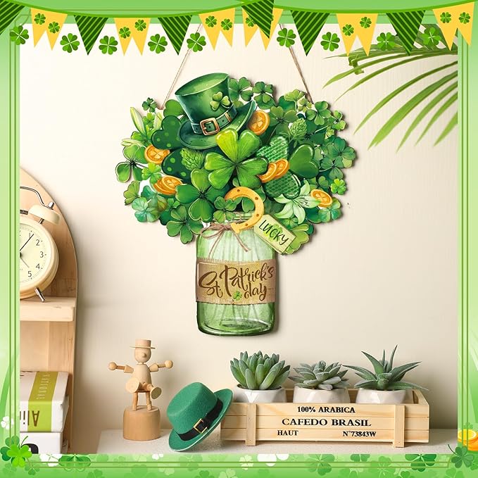 Boao St. Patrick's Day Welcome Sign Wooden Hanging Decor Farmhouse Rustic Door Decoration St. Patrick's Day Wreath Sign with Bow Ornament for Holiday Irish Home Indoor Outdoor Farmhouse Window