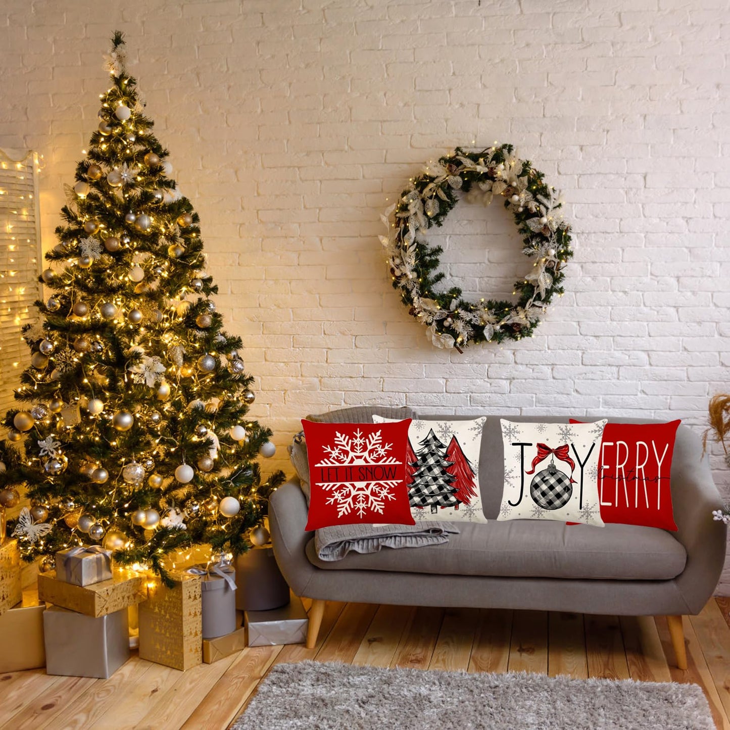 ONFAON Christmas Decorations - Christmas Pillow Covers 18x18 Set of 4,Farmhouse Christmas Throw Pillow Covers Set for Home Bedroom Sofa Couch
