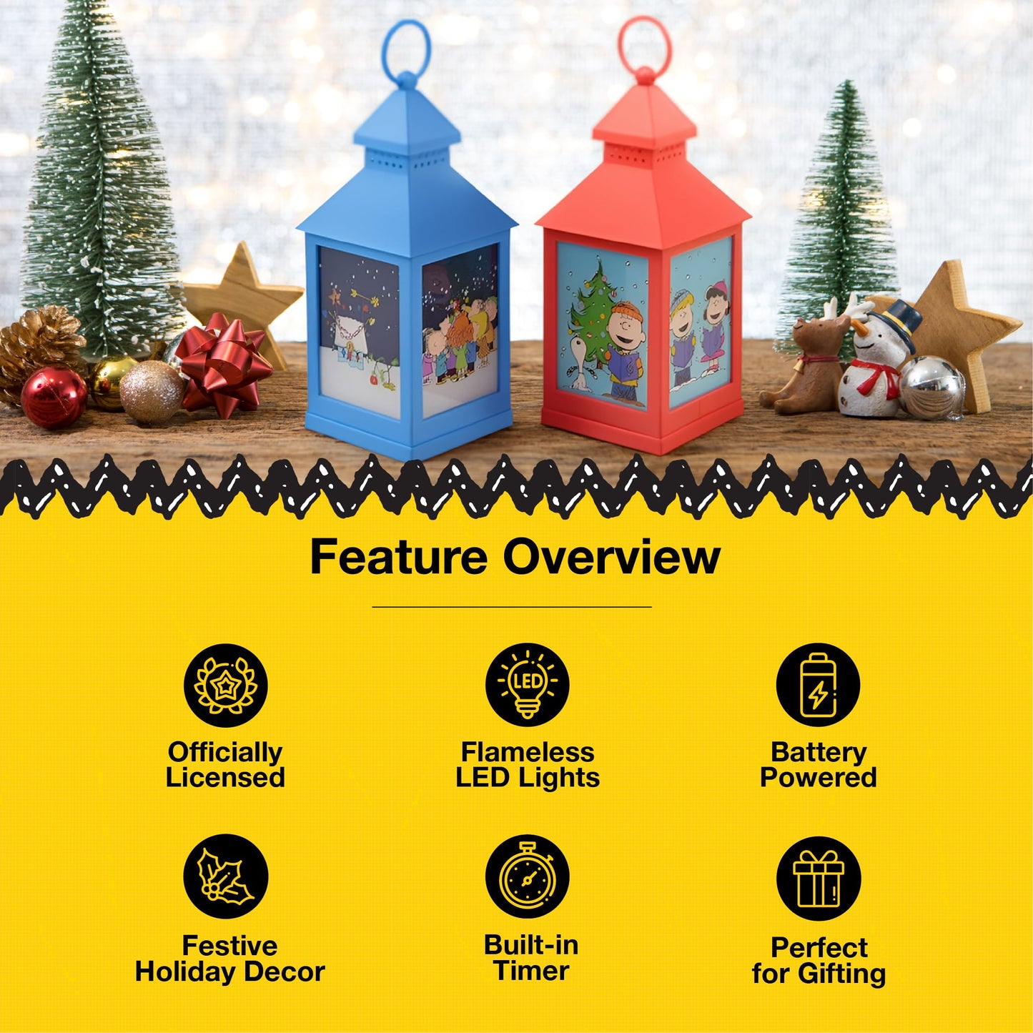 Mark Feldstein, Peanuts Christmas Holiday Flamless LED Tabletop Lanterns, Red and Blue, 9.5 Inch (Set of 2)