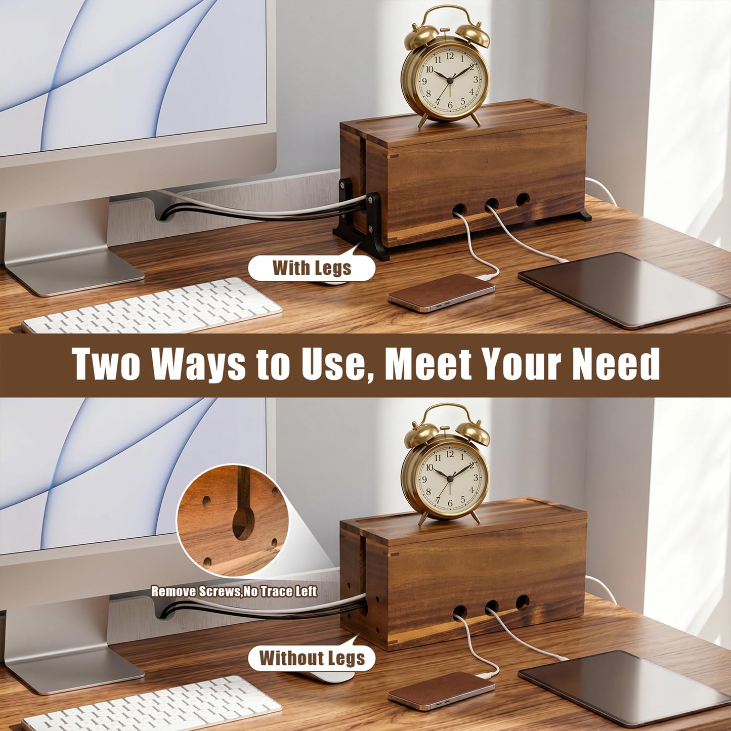 Extra Large Cable Management Box, Cord Organizer & Hider Box, Acacia Wood Cable Box for Chargers, Power Strip, USB, Floor & Desk Cables & Cords Storage, Children & Pet Safe