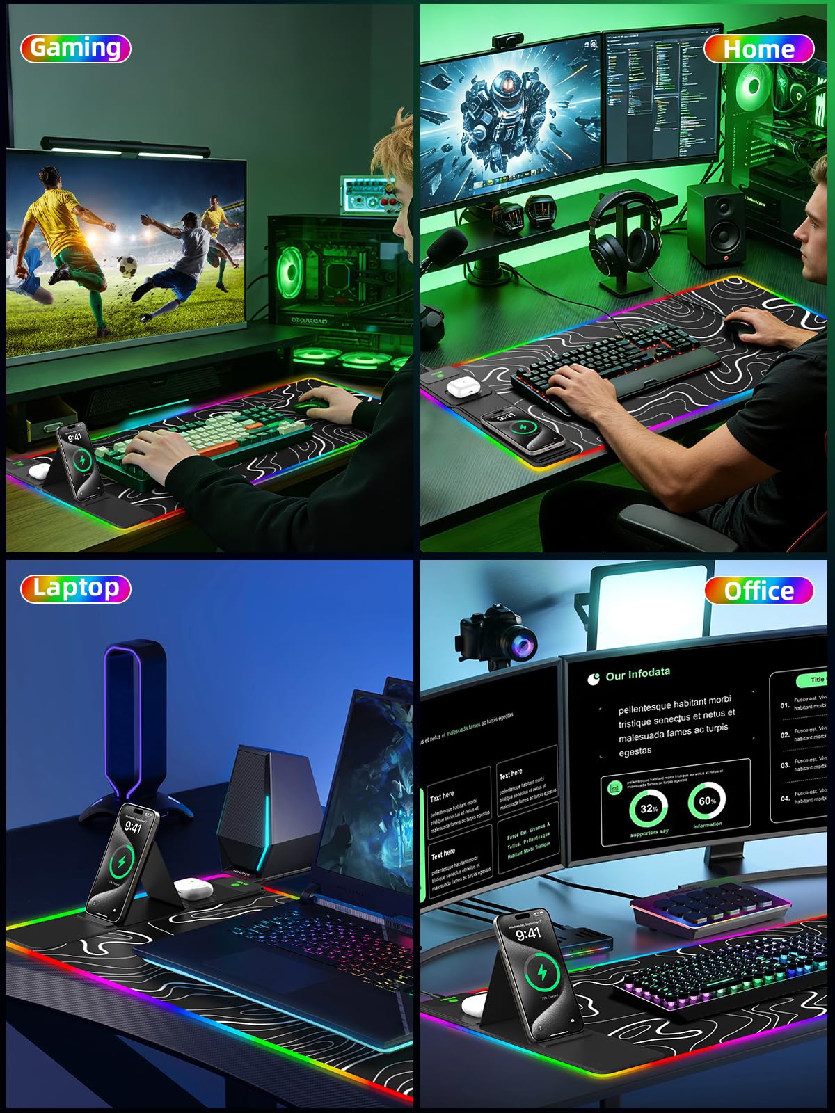 Mouse Pad with Foldable Phone Holder & Wireless Charger, XXL RGB Gaming Mousepad 31.5"x15.8" Large Desk Mat for Keyboard, 11 Colors 5 Modes