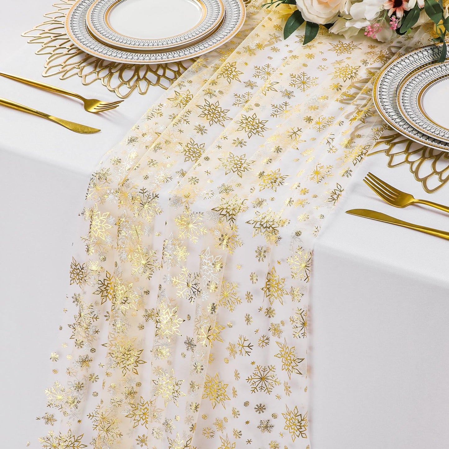 Newwiee 3 Pcs 120 Inch Christmas Gauze Table Runner Beige Gold Winter Snowflake Glitter Metallic Sequin Chiffon Tulle Party Table Decor Centerpiece for Wedding Xmas Baby Shower Birthday