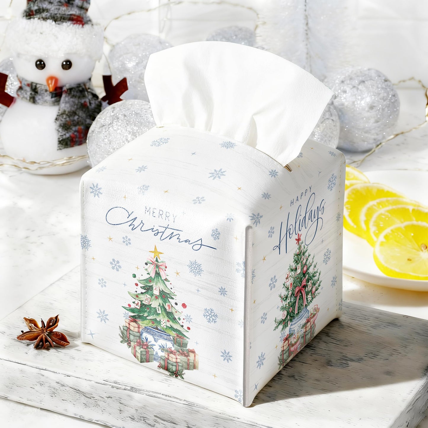 Christmas Tissue Box Cover Square, Snowflake Christmas Tree Decorative Tissue Box Holder, Waterproof Leather Tissues Boxes Dispenser for Bathroom, Office, Car, Bedroom Nightstand, Home Decor