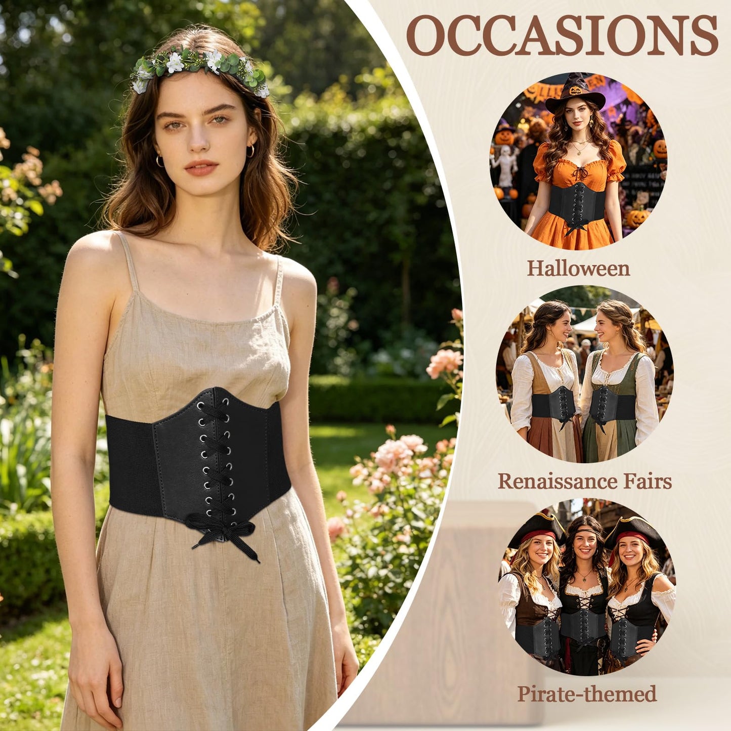 XZCYAMPF Lace-up Pirate Corset Belt for Women, Leather Waist Cincher with Floral Headpiece, Renaissance Halloween Costume Accessories (Black, 36ft)