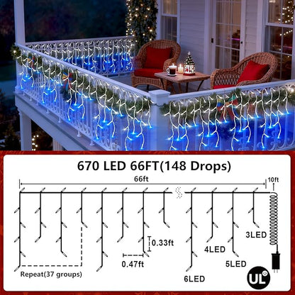 670 LED Christmas Lights Outdoor, 66ft Blue & White String Lights Indoor with 148 Drops 12 Modes, Dimmable Curtain Window Lights, Waterproof Twinkle Fairy Lights with Timer for Christmas Decorations