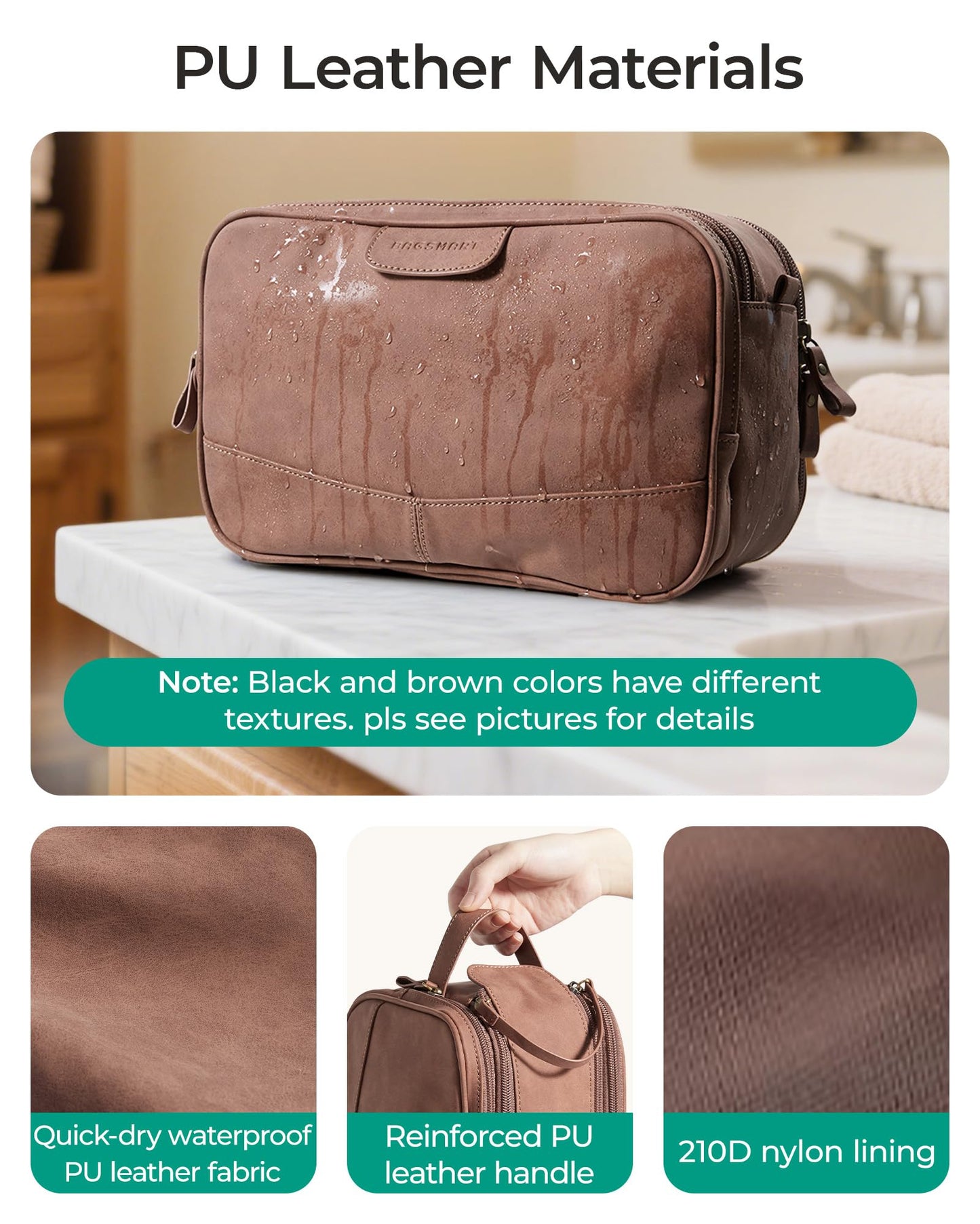 BAGSMART Large Toiletry Bag for Men, Soft Matte PU Leather Travel Bag for Toiletries, Dopp Kit Water Resistant Shaving Bag for Bathroom Shower-Dark Brown
