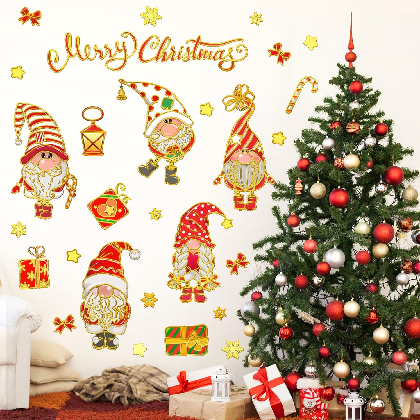 Wrdpyrmnis Christmas Gnome Wall Stickers Xmas Window Sticker Peel and Stick Wall & Window Decals for Xmas Festival Decor Kids Room Living Room Classroom Christmas Decoration (1 Sheet)