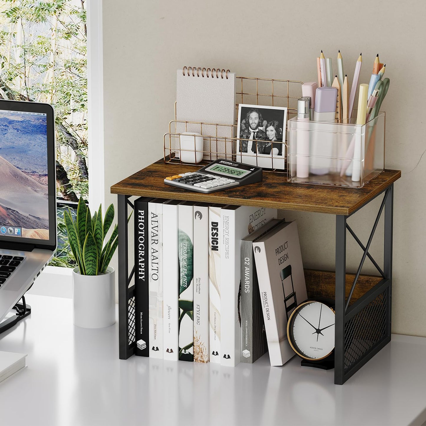 VYUOL Printer Stand for Desk, Desktop Printer Stand Shelf Organzier for Home Office, for Above and Under Desk, Fax Machine Copier Scanner, Rustic Brown
