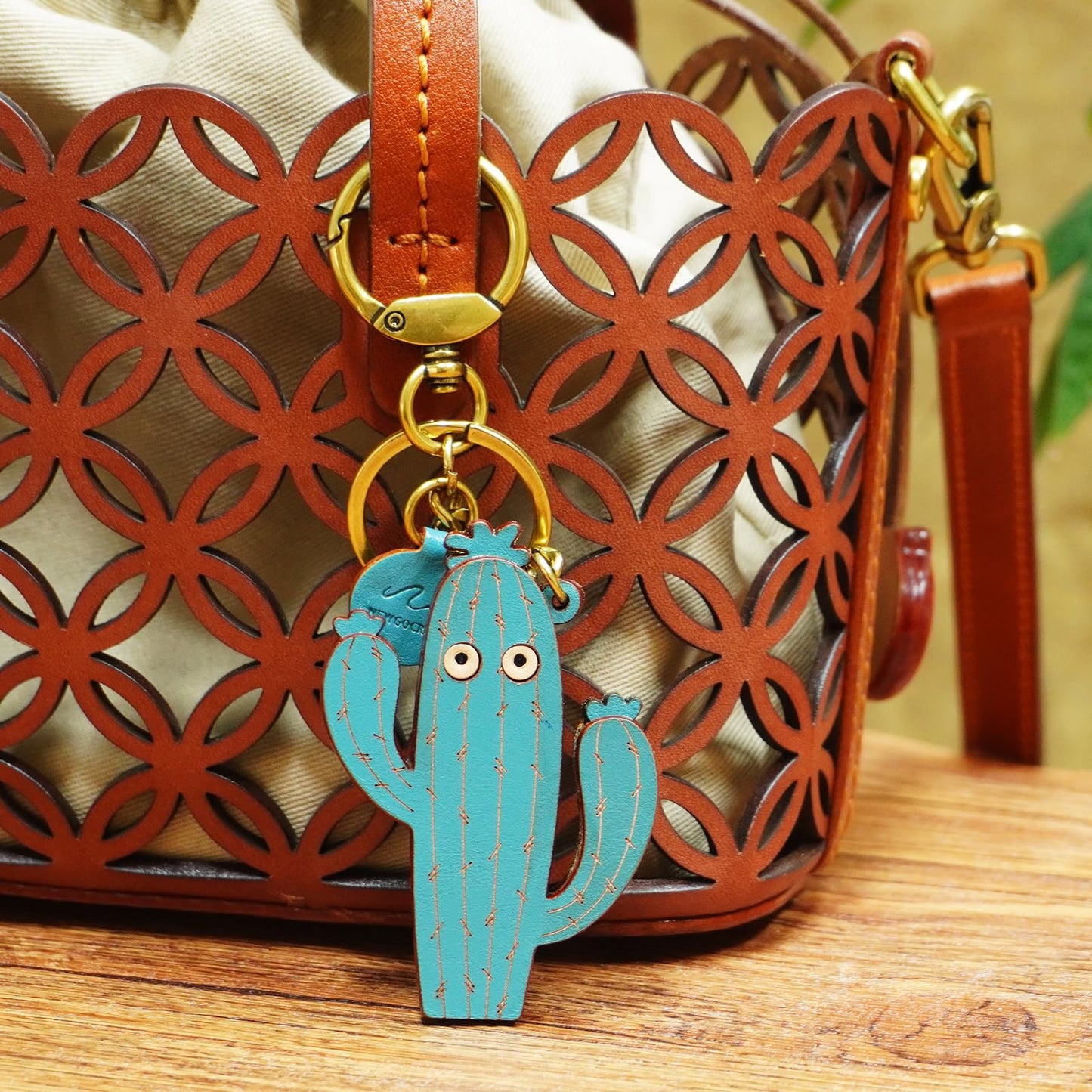 NEWGOCRAFT Keychain Charms 3D Cute Genuine Leather Handmade Crafts Cactus Pendant Keychains Accessorie (Blue)