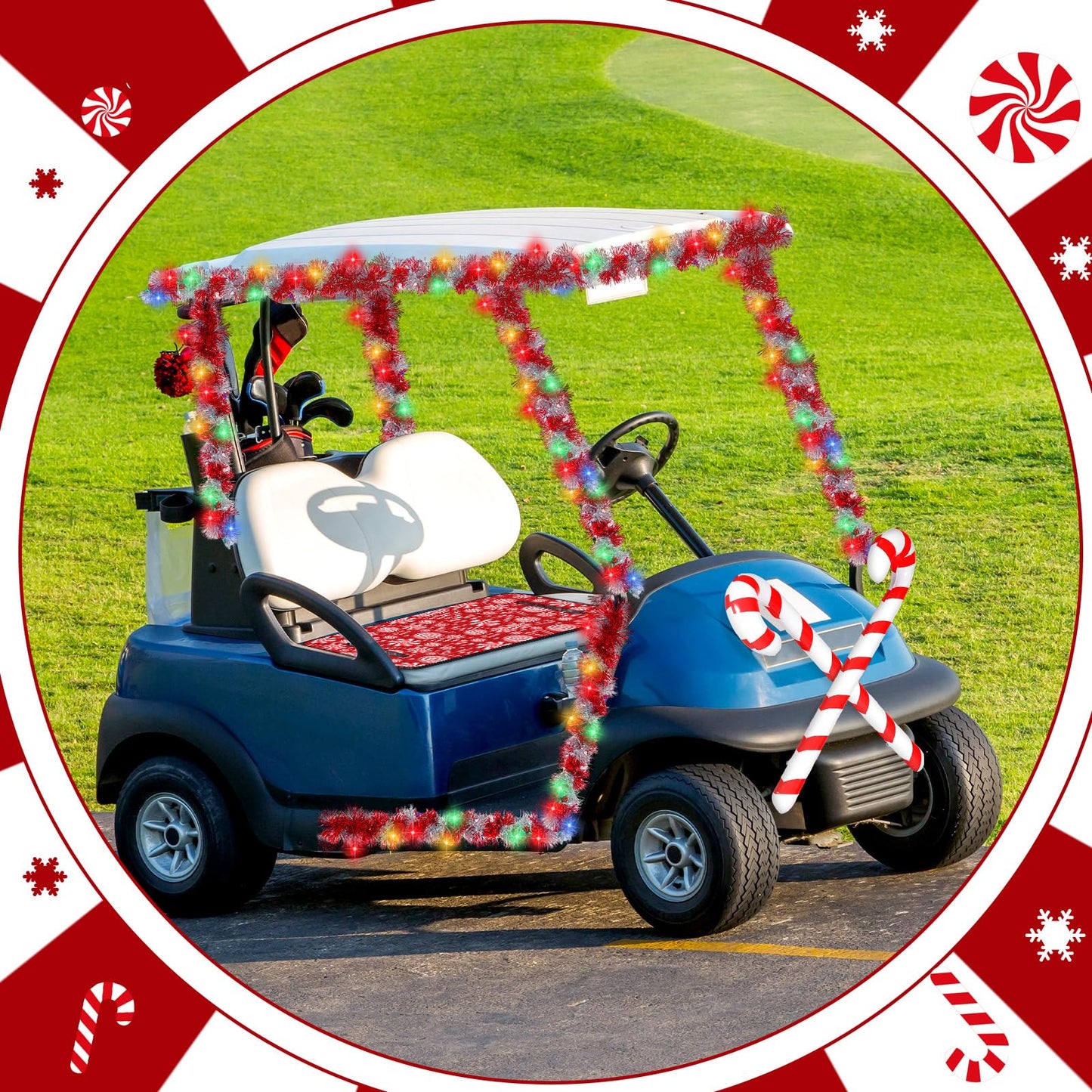 Suncalla 6 Pcs Christmas Golf Cart Decorations Kit Christmas Parade Golf Cart Decor Include Red White Seat Cover Tinsel Garland Candy Canes Balloons and String Lights for Holiday Decoration