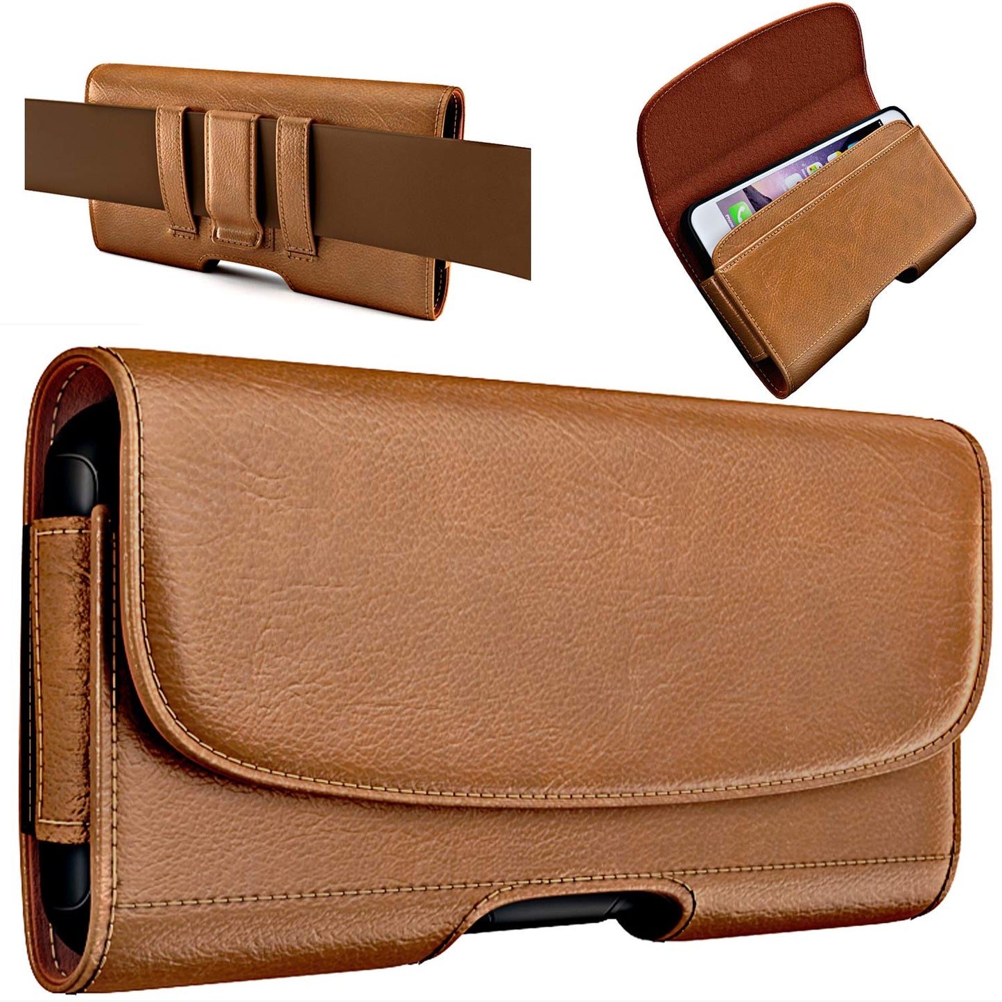 PiTau Holster for iPhone 16, 16 Pro, 15, 14, 13, 12, Xs, X, 11, XR - Premium Cell Phone Case with Belt Clip [Magnetic Closure] ID Card Holder Pouch (Fits Otterbox Case) Brown