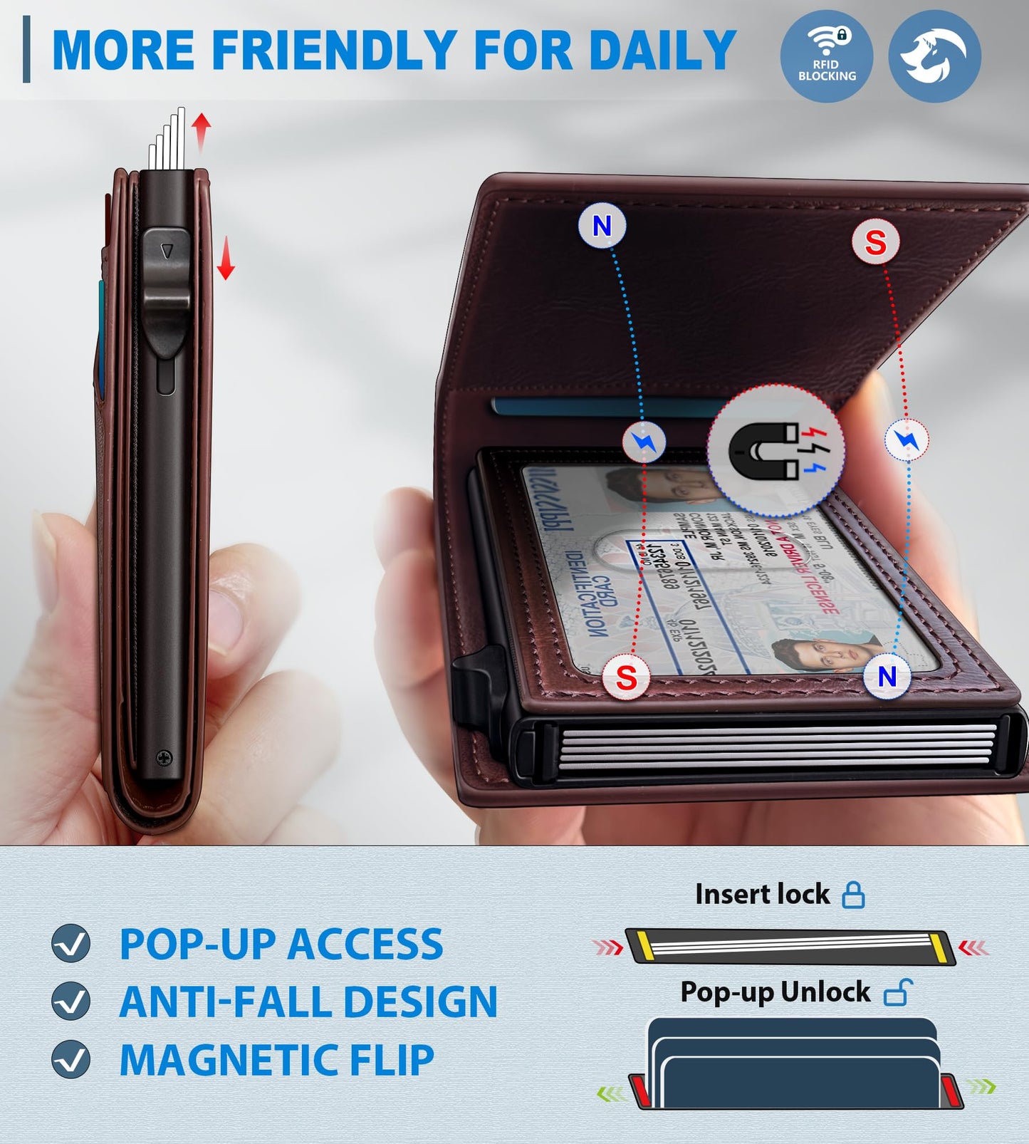 Housmai Wallet for Men, Slim Pop Up Card Holder with RFID Blocking, Minimalist Bifold Wallet with 9 Card Slots, ID Window and Cash Pocket, Metal Flip Case with Magnetic Closure, Gift Box