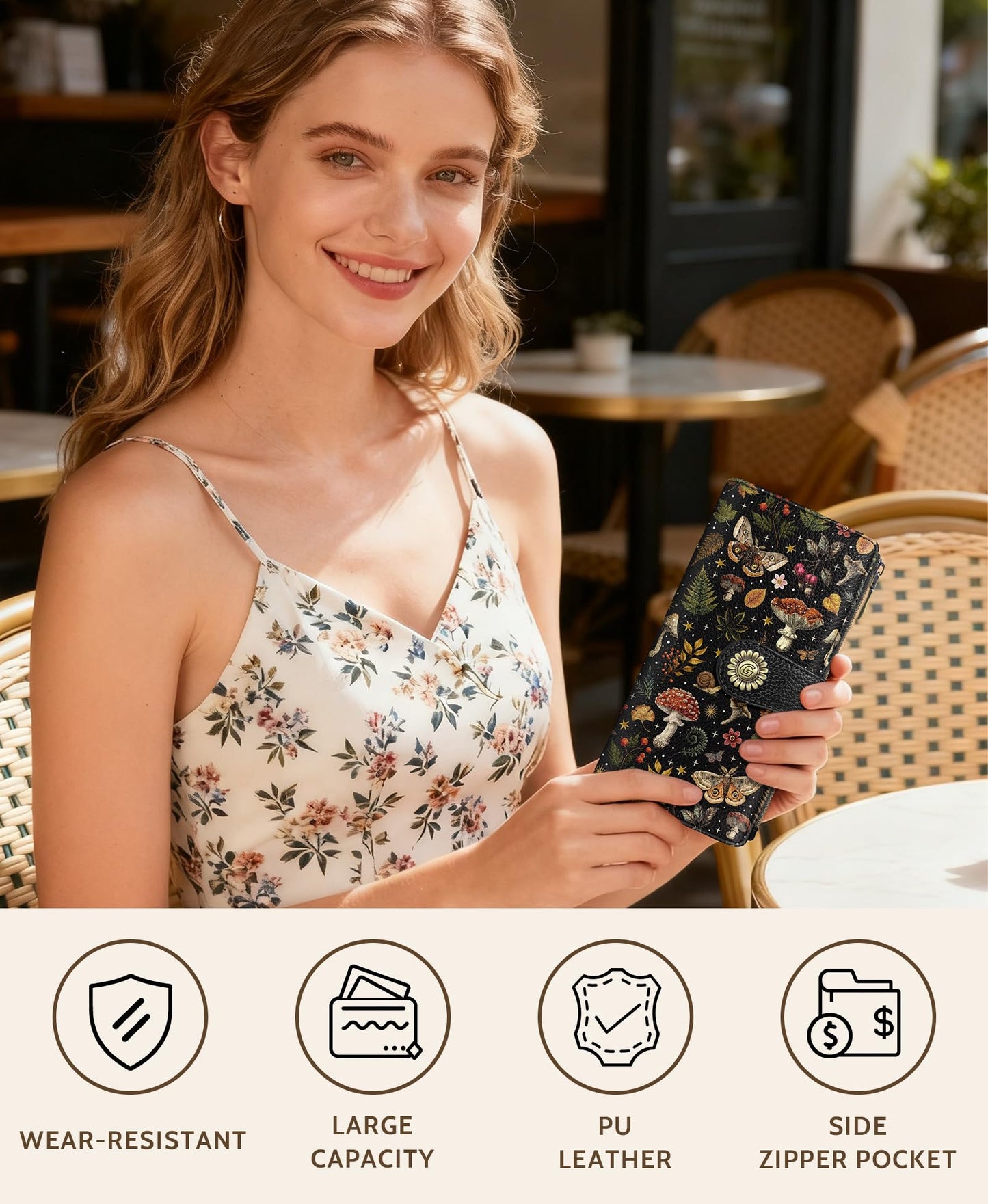 GIANCOMICS Butterfly Mushroom Womens Wallet RFID Blocking, Credit Card Holder Bifold, PU Leather Travel Billfold, Cute Cash Purse, Zipper Coin Pocket Clutch, 11 Card Slots, Ladies Gift Woman