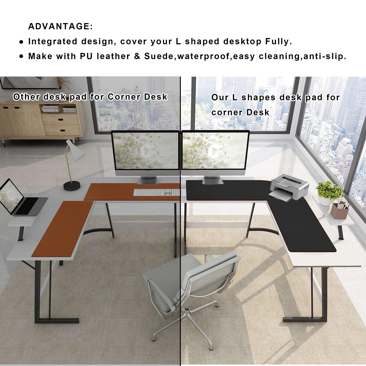 ZORESYN L-Shaped Gaming Desk Mat Mouse pad, Computer Corner Desk Pad, 47" Home Office Writing Desk Pad Protector, Large Waterproof PU Leather Corner Mousepad - Black, (120+120) x40cm