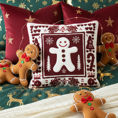 Christmas Throw Pillow Covers 18x18 Set of 2, Embroidered Gingerbread Man Cushion Covers with Snowflake Christmas Tree, Red White Holiday Decorative Pillow Cases for Sofa Couch Living Room Home Decor