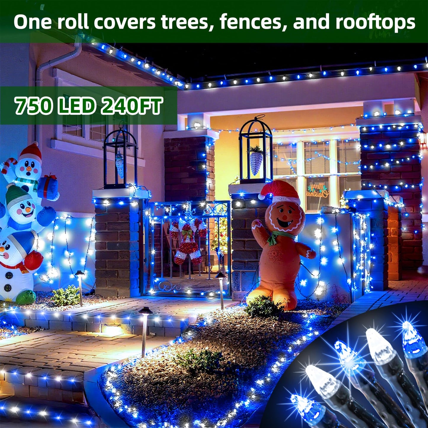 750 LED 240FT Christmas Lights Outdoor,12 Lighting Modes Christmas String Lights with Timer, Dimmable Blue Cool White LED StringLights Waterproof for Yard Wedding Party Holiday Decor Blue&CoolWhite