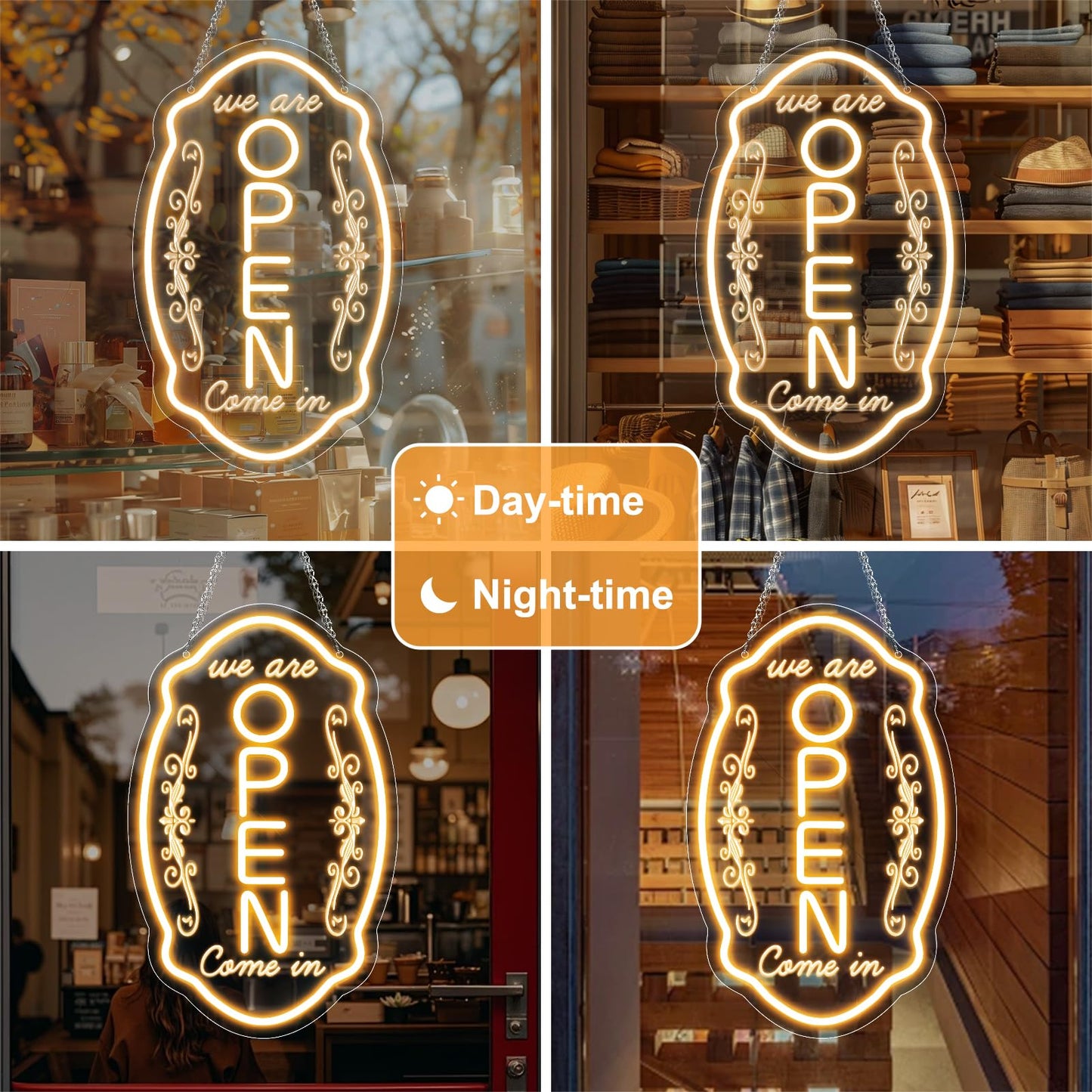 LED Neon Open Sign for Business, 16.5x10'' Come in We’re Open Sign, Warm White Adjustable Brightness Neon Lights for Party, Bar, Salon, Stores, Hotel, Wall Decor, Clubs, Hotels, Vertical