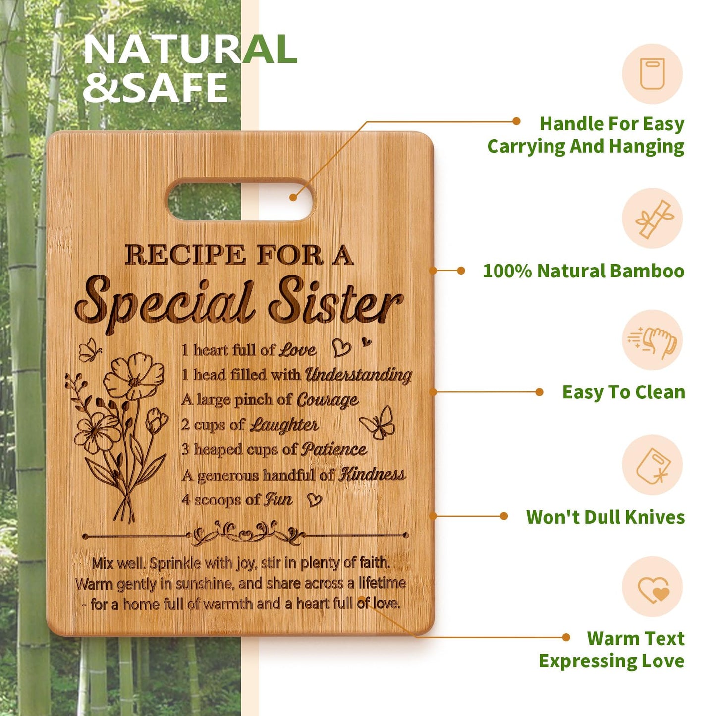 Pandasch Sister Gifts, 11x8.5inch Engraved Bamboo Cutting Board, Unique Birthday Gifts for Sister, Christmas Valentines Day Present for Sisters
