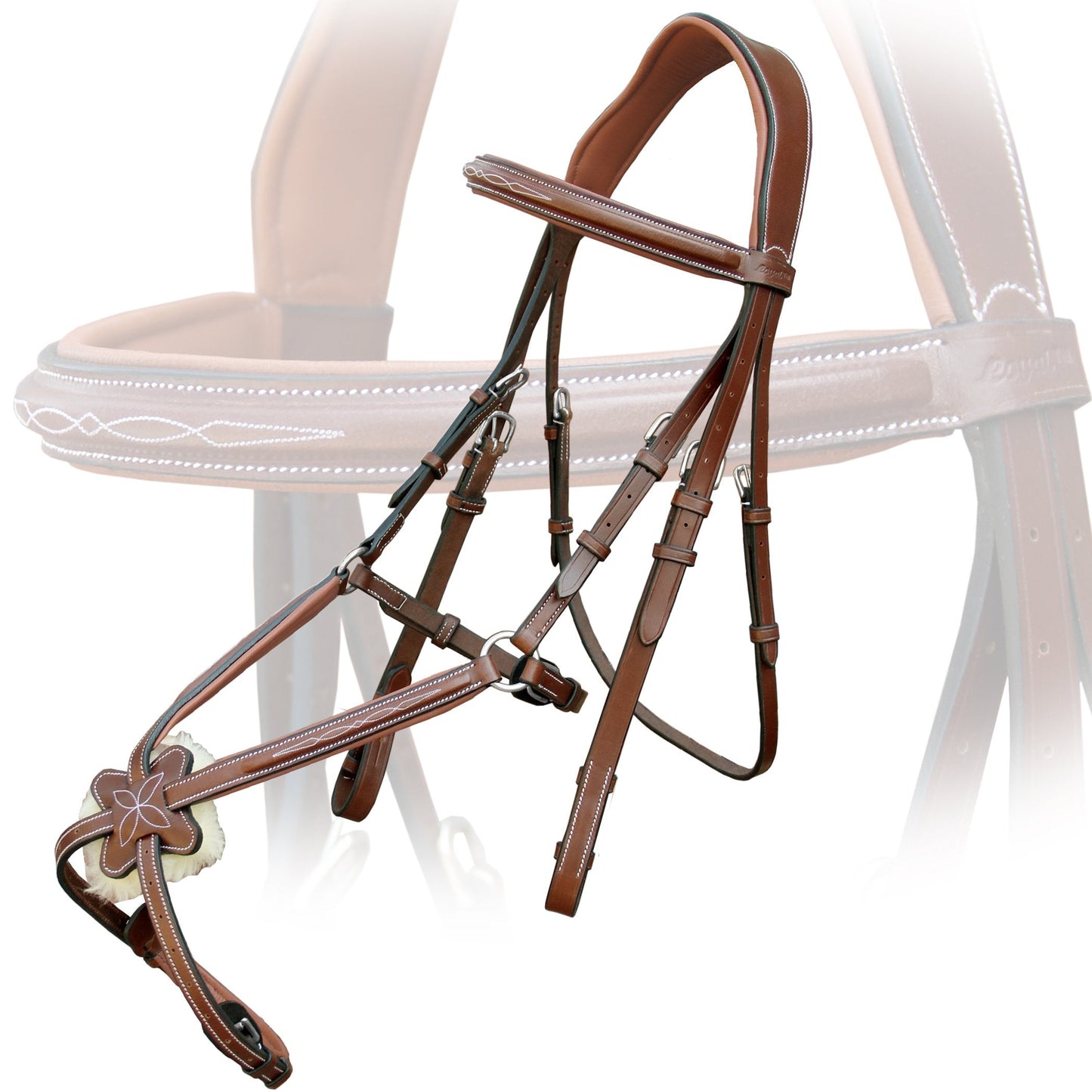 ExionPro Comfortable Broad Free Ear Anatomic Shape Mono Crown Piece Fancy Stitched Figure 8 Padded Noseband English Bridle & Rubber Reins (Conker, Vegetable Tanned Leather - Over Size)