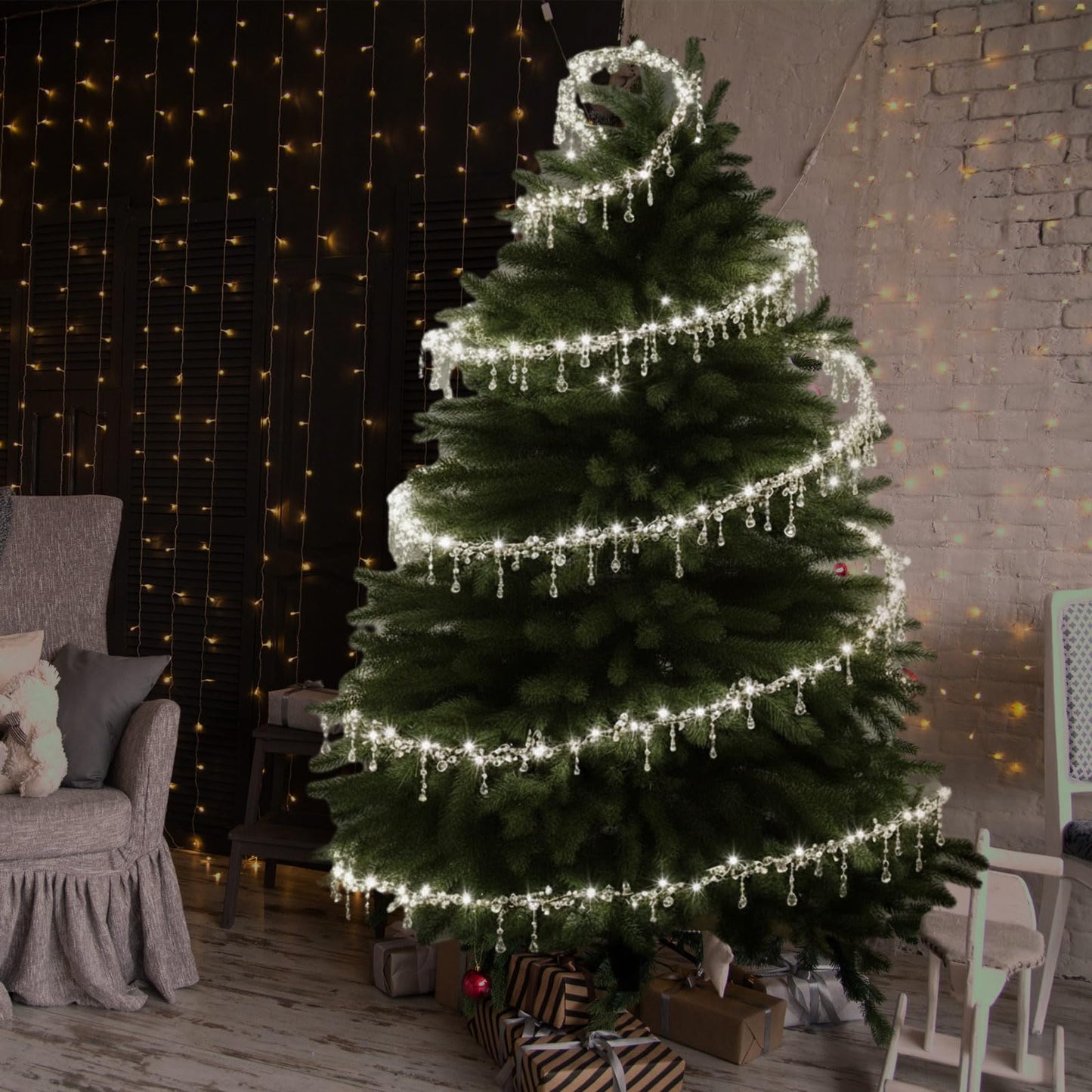 Grinsvalley 40 ft Christmas Tree Crystal Garland Decor Fairy Lights with Crystal Drop Ornaments and Iron Wire Remote Control Tree Twinkle Decoration for Indoor Xmas Winter Party Holiday Decorations