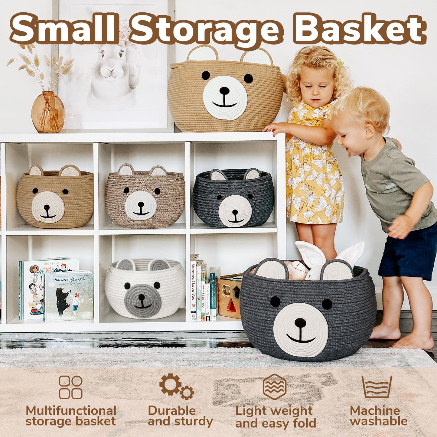 CherryNow Cotton Rope Baby Basket for Nursery, Bear Gift Baskets for Kids, Empty Baby Shower Basket with Handles, Small Cute Animal Baskets, Brown, 10.5"D x 8.5"H