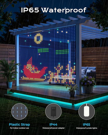 400 RGBIC LEDs Smart Curtain Lights with DIY GIF, 6.6x6.6ft Color Changing Holiday Wall Lightss with APP, IP65 Waterproof Christmas String Fairy Lightss for Indoor Outdoor Bedroom Window