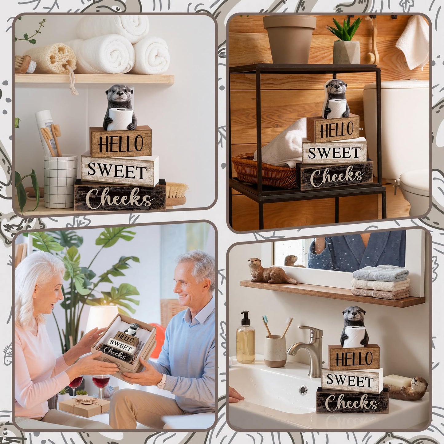 Moucuny 4 Pcs Otter Bathroom Decor Set Farmhouse Bathroom Decor and Accessories Rustic Hello Sweet Cheeks Wooden Blocks Signs with Toilet Paper Funny Toilet Shelf Decoration for Home Office Half Bath