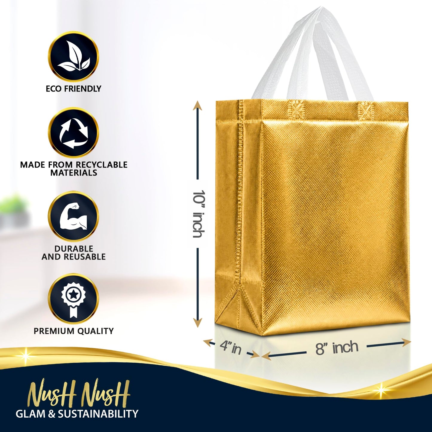 Nush Nush Set of 60 Gold Gift Bags Bulk – Medium Size Reusable Gold Gift Bags With Handles - Perfect Party Favor Bag for Christmas, Wedding, Bachelorette Party Favors and Goodies – 8W x 4D x 10H