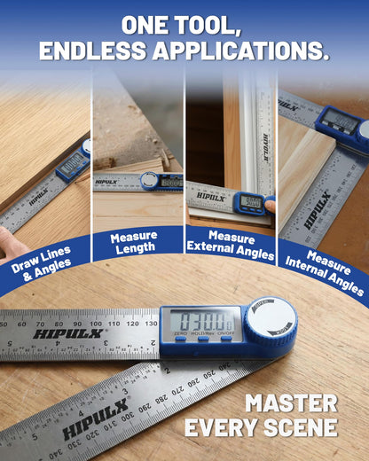 HIPULX Digital Angle Finder Ruler, 7 Inch 2-in-1 Stainless Steel Angle Finder Tool, 360° Digital Protractor with LCD Display for Woodworking, Construction, Reverse Angle Measurement