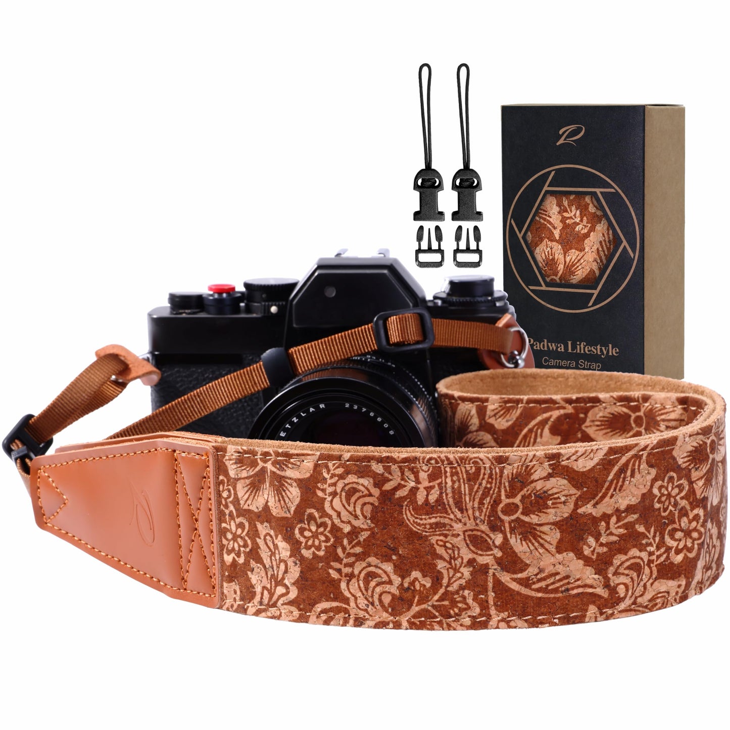 Padwa Lifestyle Cork Camera Strap - 2" Top Layer Cowhide Head Camera Straps for Photographers,Natural Log Crackle Art Print Style,Soft Chamois Velvet Padded Strap Quick Release fits All Cameras