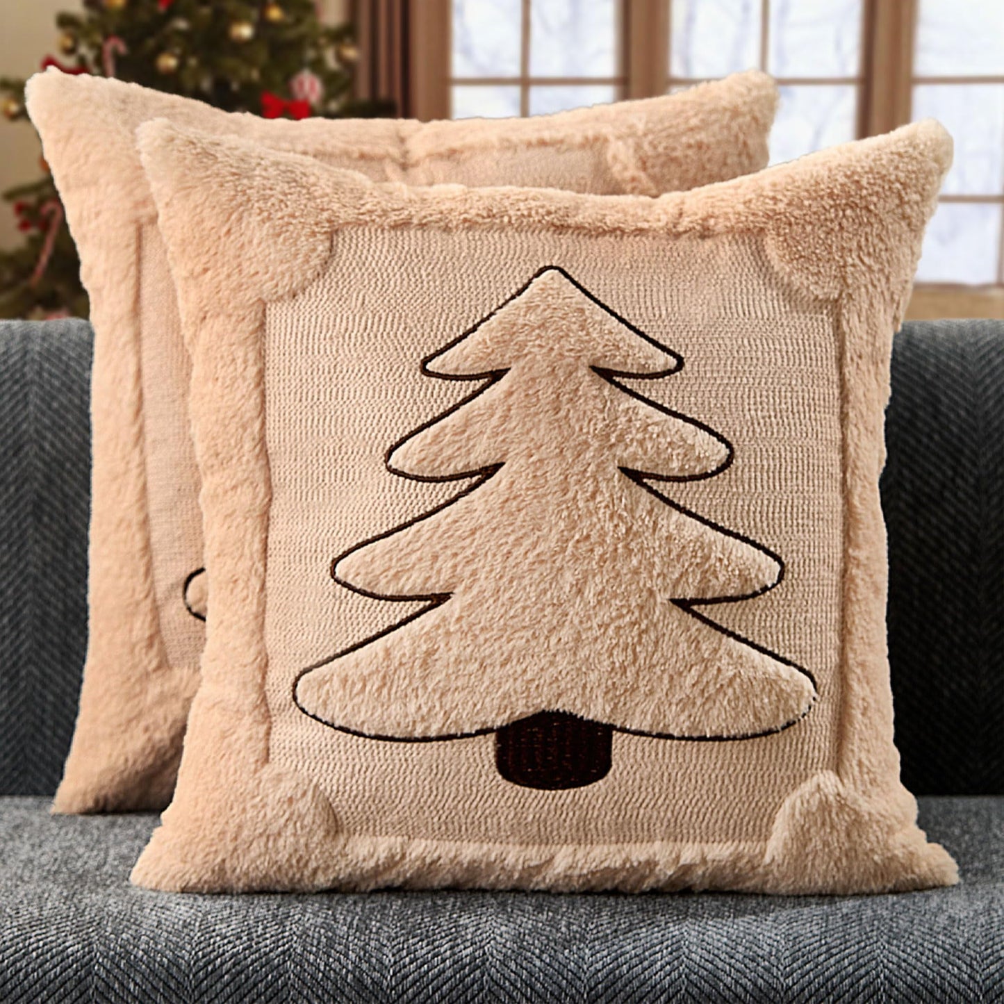 DFXSZ Christmas Pillow Covers 18x18 Beige Big Christmas Tree Decoration Soft Plush Faux Fur Jacquard Throw Pillows for Bedroom Sofa Holiday Festivals Winter Home Decor PTK068C18