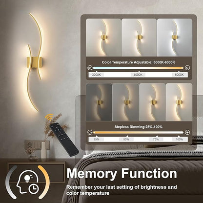 Battery Operated Wall Sconces Set of Two with Remote Control, Stepless Colors 3000K-6000K & Dimming, LED Gold Wireless Wall Light for Living Room, Hallway, Bedroom, 39.3 Inch (2 Pack)