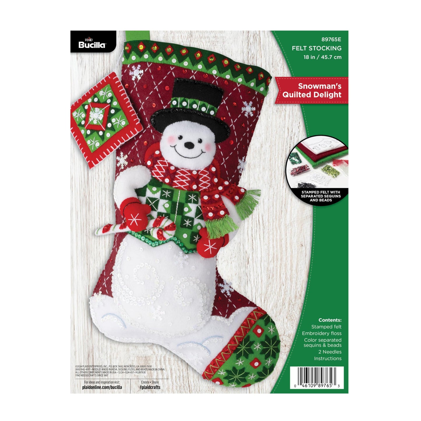 Bucilla Felt Applique 18" Stocking Making Kit, Snowman's Quilted Delight, Perfect for DIY Arts and Crafts