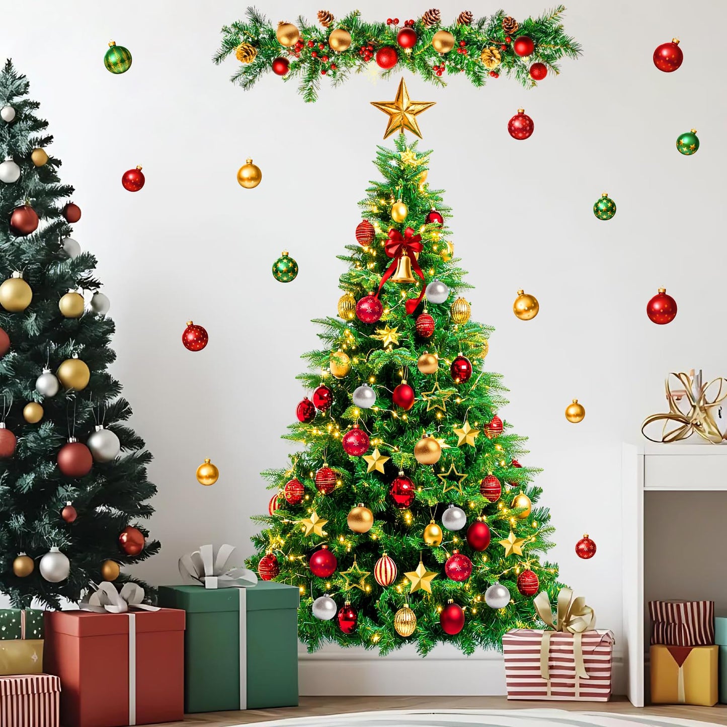 Large Christmas Tree Wall Decals Peel and Stick Merry Christmas Ornament Wall Stickers Removable Winter Tree Decals Xmas Trees Stickers Xmas Holiday Window Sticker for Party Decoration